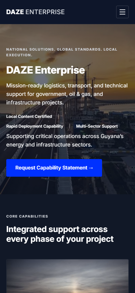 DAZE Enterprise homepage, mobile view
